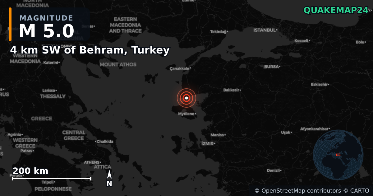 M5.0 earthquake near 4 km SW of Behram, Turkey on Jan 21, 2025 — map of epicenter and shaking intensity | QuakeMap24