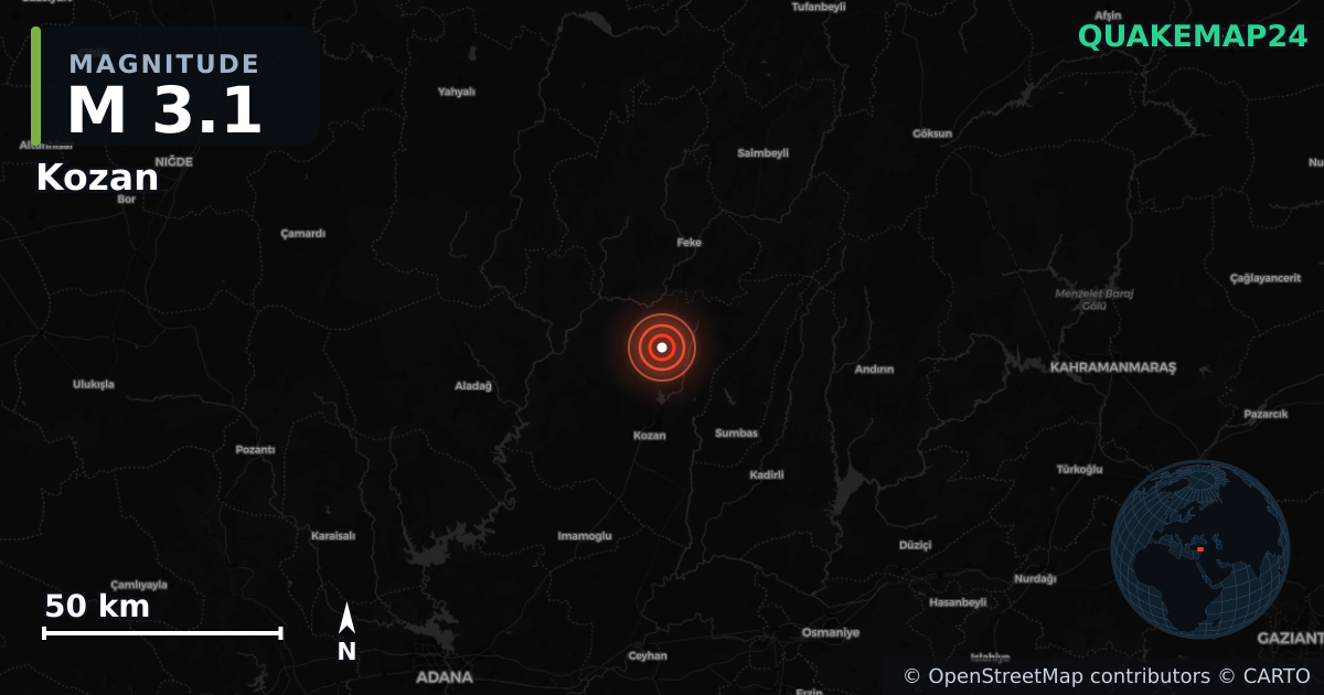 M3.1 earthquake near Kozan on Jul 18, 2025 — map of epicenter and shaking intensity | QuakeMap24