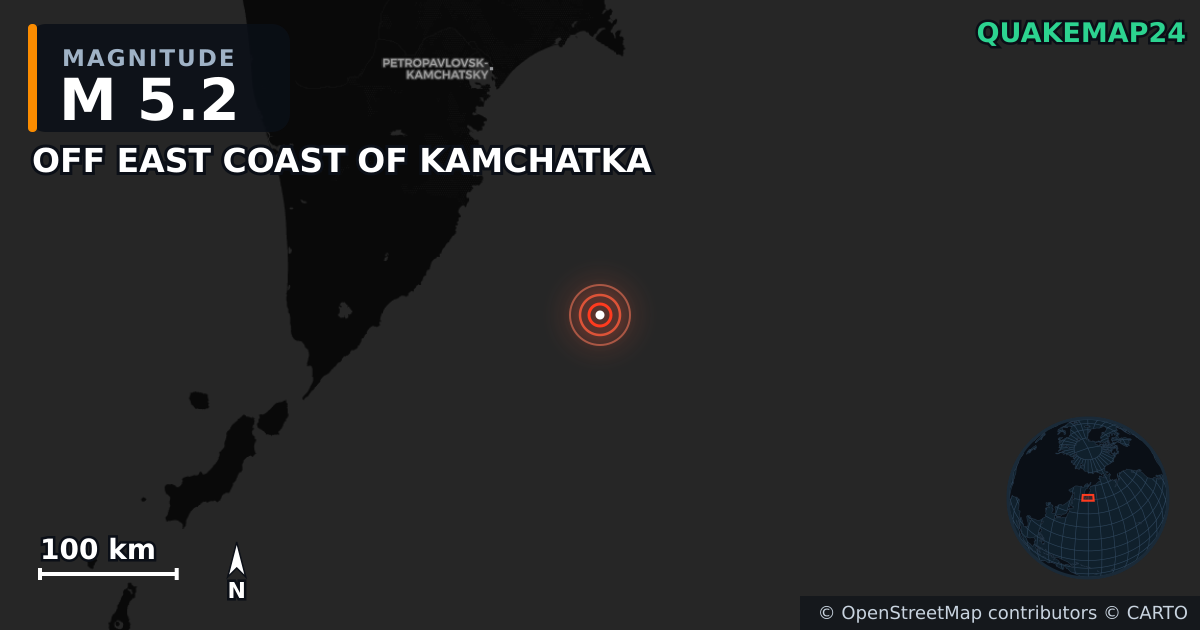 M5.2 earthquake near OFF EAST COAST OF KAMCHATKA on Jul 30, 2025 — map of epicenter and shaking intensity | QuakeMap24