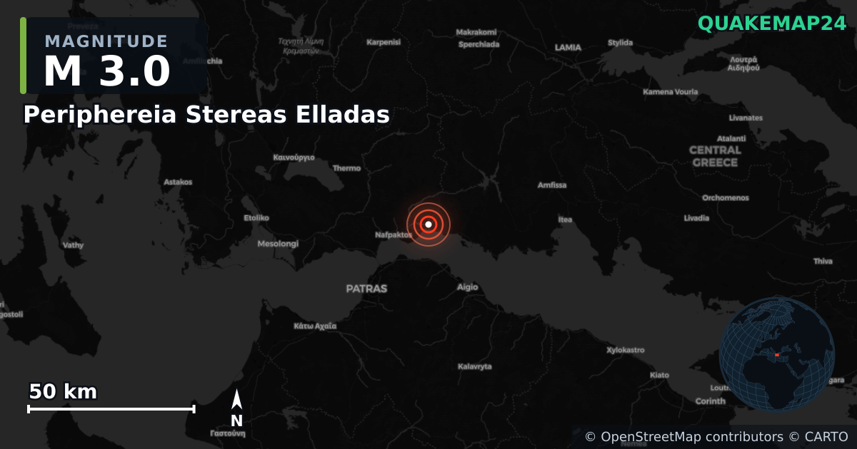 M3.0 earthquake near Periphereia Stereas Elladas on Dec 31, 2025 — map of epicenter and shaking intensity | QuakeMap24