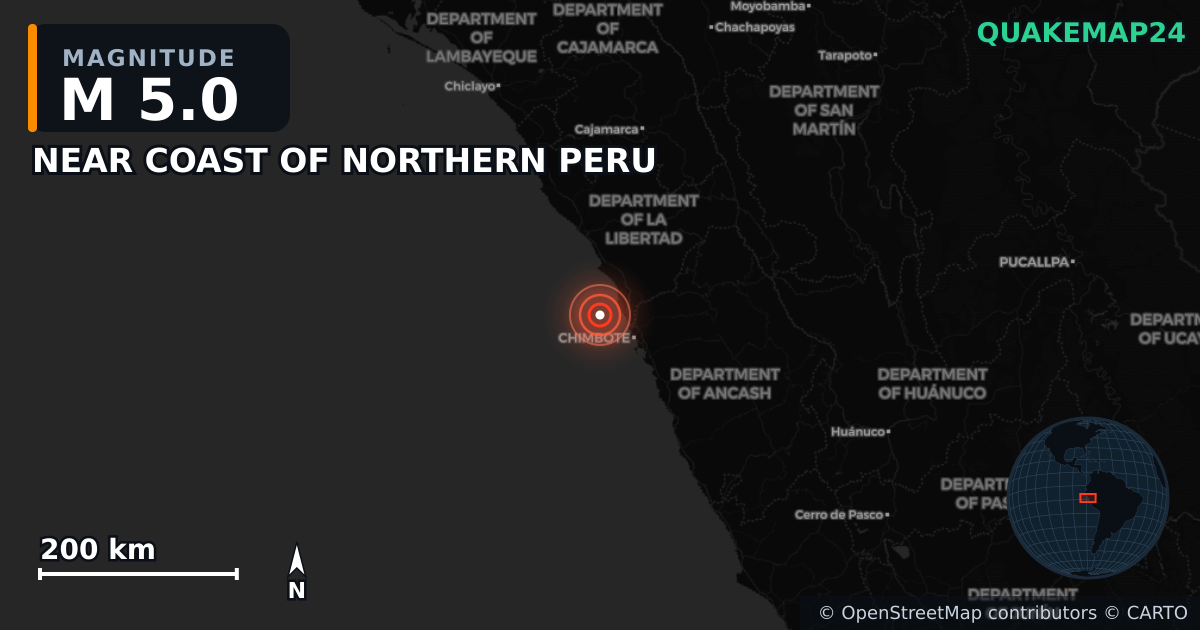 M5.0 earthquake near NEAR COAST OF NORTHERN PERU on Aug 13, 2025 — map of epicenter and shaking intensity | QuakeMap24