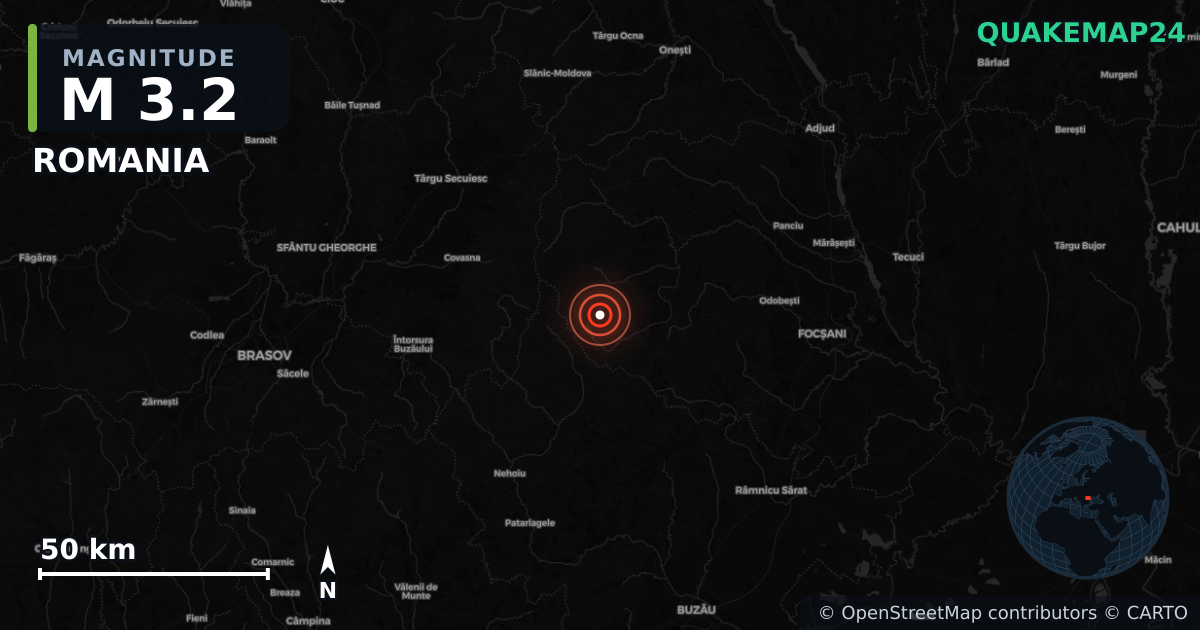 M3.2 earthquake near ROMANIA on Aug 28, 2025 — map of epicenter and shaking intensity | QuakeMap24