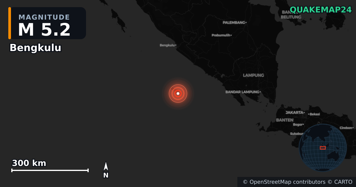 M5.2 earthquake near Bengkulu on Dec 27, 2025 — map of epicenter and shaking intensity | QuakeMap24