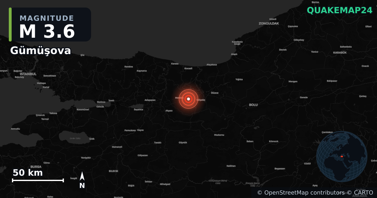 Sismo de M3,6 perto de Gümüşova, Düzce (Turquia) · 2026-06-20 — Mapa da localização do epicentro