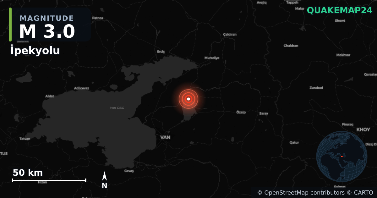 M3.0 earthquake near İpekyolu on Jul 14, 2026 — map of epicenter and shaking intensity | QuakeMap24