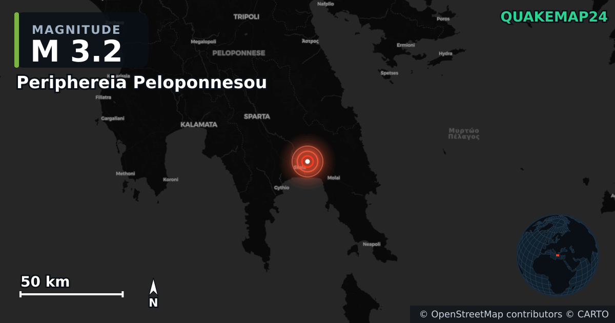 M3.2 earthquake near Periphereia Peloponnesou on Dec 7, 2025 — map of epicenter and shaking intensity | QuakeMap24