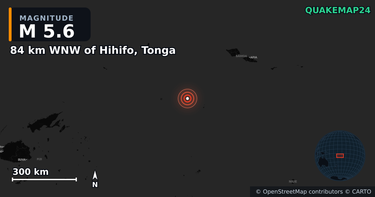 M5.6 earthquake near 84 km WNW of Hihifo, Tonga on Apr 4, 2025 — map of epicenter and shaking intensity | QuakeMap24