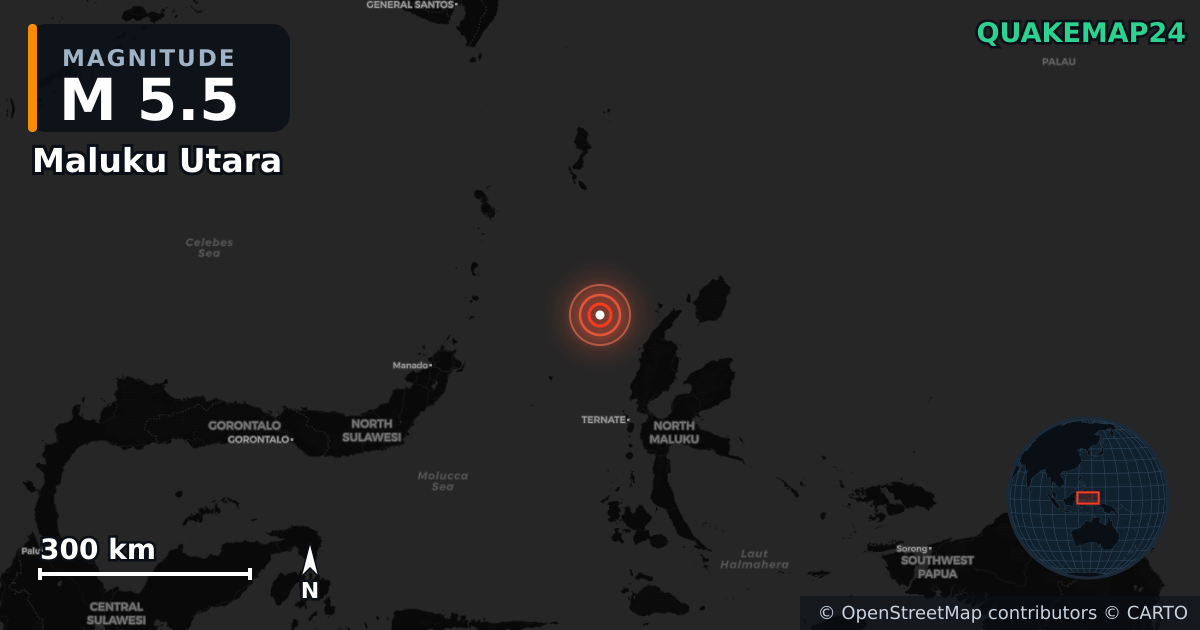 M5.5 earthquake near Maluku Utara on Aug 17, 2025 — map of epicenter and shaking intensity | QuakeMap24