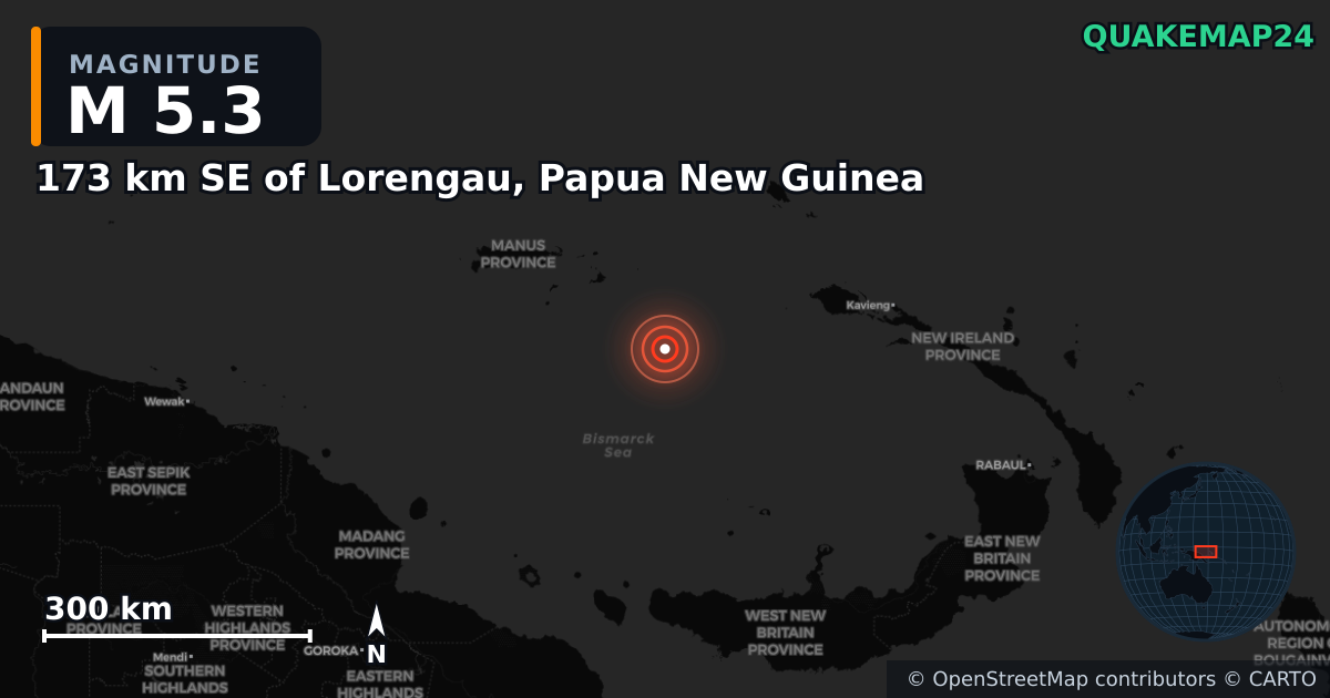 M5.3 earthquake near 173 km SE of Lorengau, Papua New Guinea on Jan 21, 2025 — map of epicenter and shaking intensity | QuakeMap24
