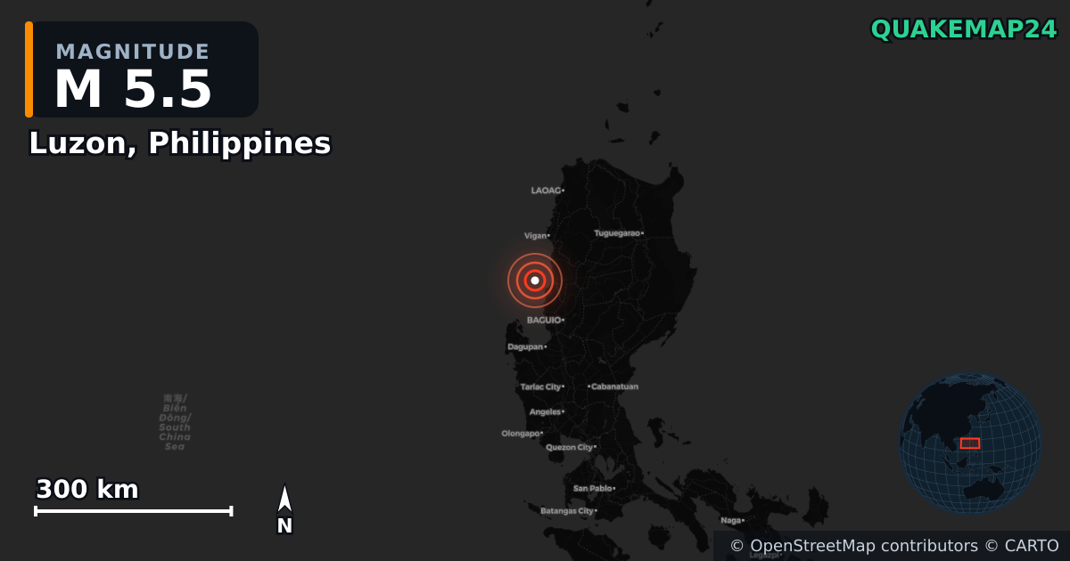 M5.5 earthquake near Luzon, Philippines on Sep 18, 2025 — map of epicenter and shaking intensity | QuakeMap24