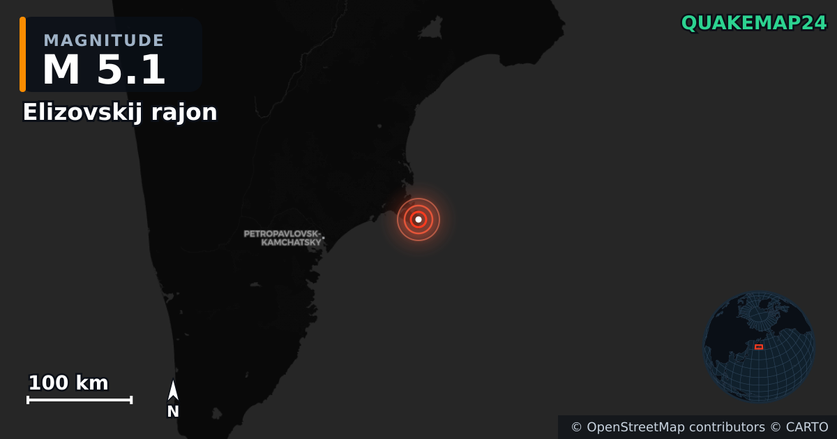 M5.1 earthquake near Elizovskij rajon on Sep 18, 2025 — map of epicenter and shaking intensity | QuakeMap24