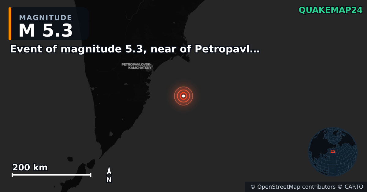 M5.3 earthquake near Event of magnitude 5.3, near of Petropavlovsk Kamchatskiy (Monde) on Sep 25, 2025 — map of epicenter and shaking intensity | QuakeMap24