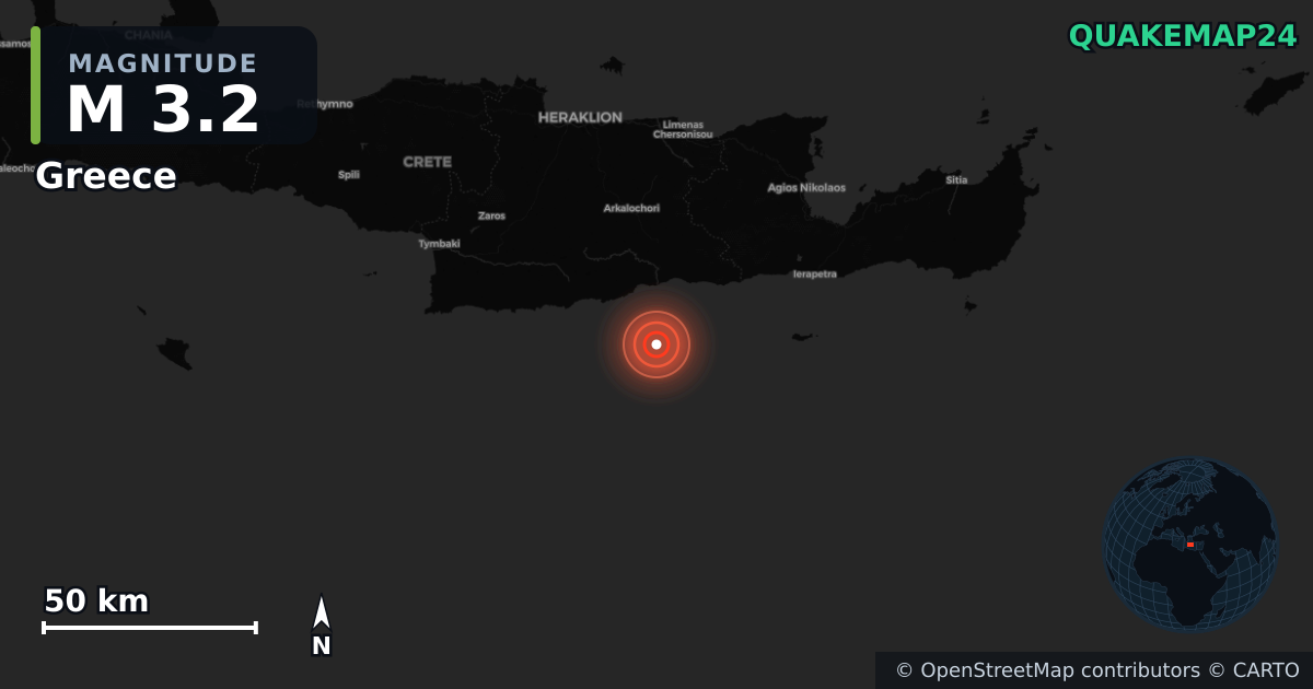 M3.2 earthquake near Greece on Aug 2, 2026 — map of epicenter and shaking intensity | QuakeMap24