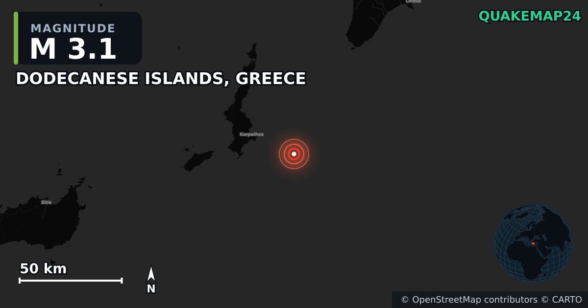 M3.1 earthquake near DODECANESE ISLANDS, GREECE on May 8, 2026 — map of epicenter and shaking intensity | QuakeMap24
