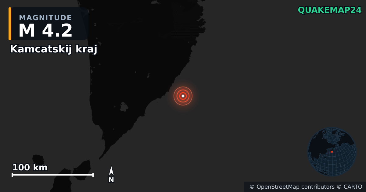 M4.2 earthquake near Kamcatskij kraj on Feb 20, 2026 — map of epicenter and shaking intensity | QuakeMap24