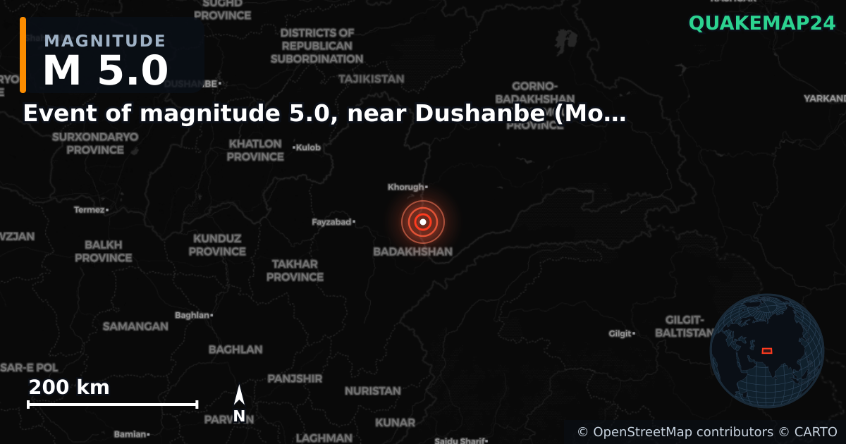 M5.0 earthquake near Event of magnitude 5.0, near Dushanbe (Monde) on Apr 27, 2026 — map of epicenter and shaking intensity | QuakeMap24