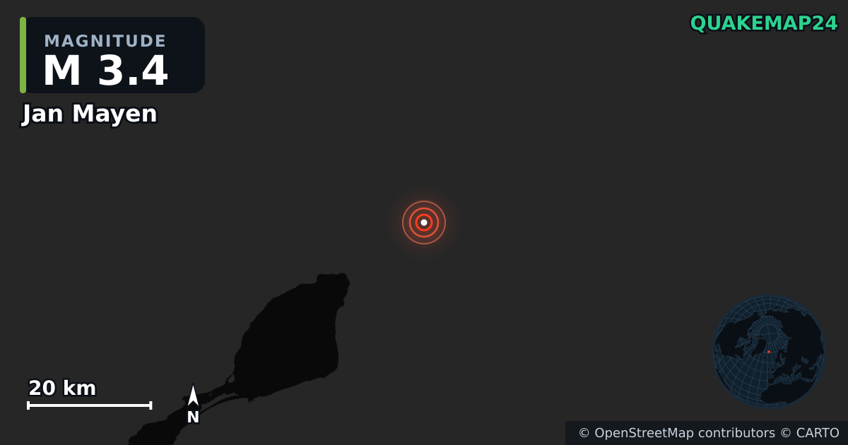 M3.4 earthquake near Jan Mayen on Jul 8, 2026 — map of epicenter and shaking intensity | QuakeMap24