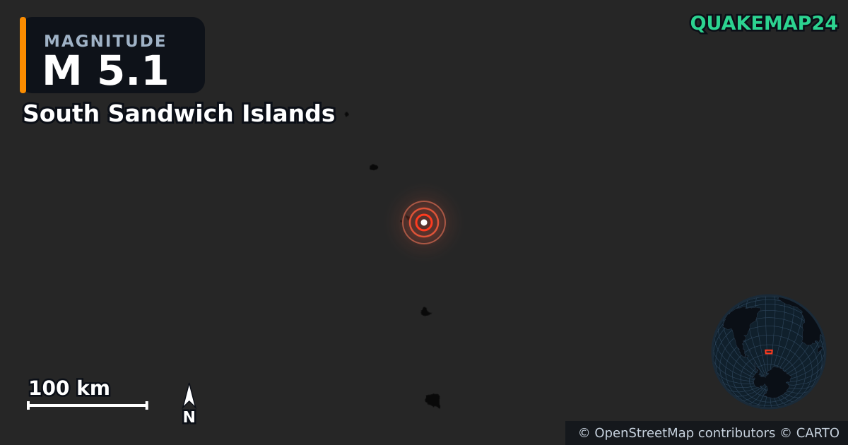 M5.1 earthquake near South Sandwich Islands on Nov 20, 2025 — map of epicenter and shaking intensity | QuakeMap24