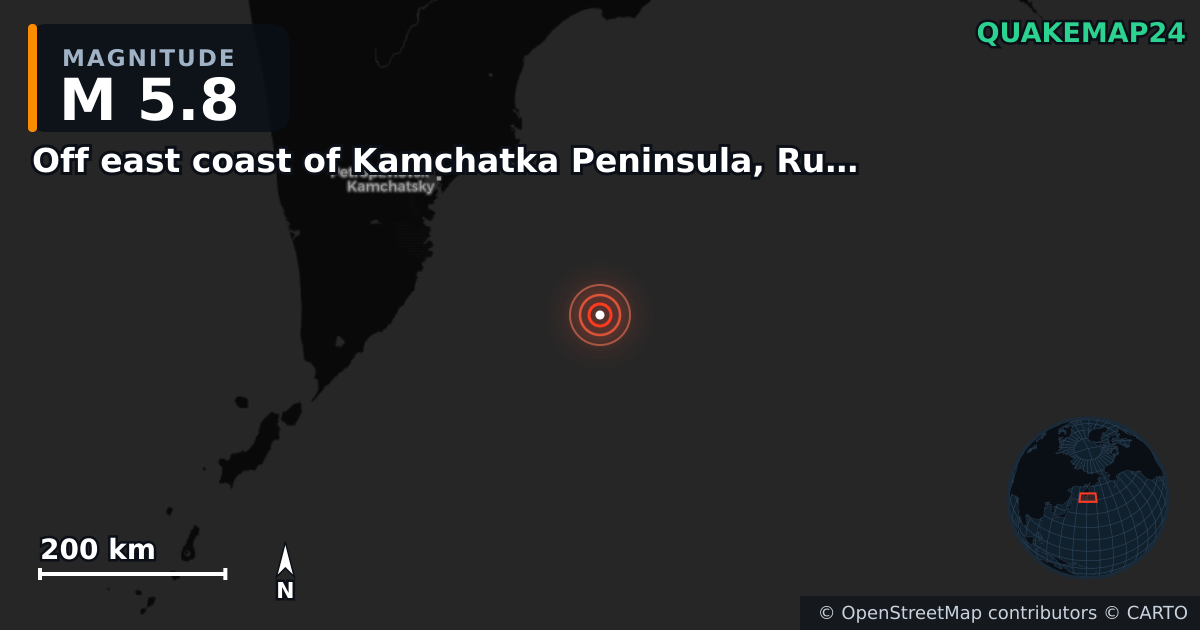 M5.8 earthquake near Off east coast of Kamchatka Peninsula, Russia [Sea: Russia] on Dec 15, 2025 — map of epicenter and shaking intensity | QuakeMap24