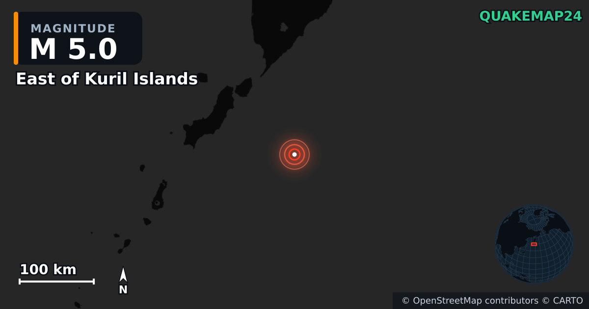 M5.0 earthquake near East of Kuril Islands on Jul 30, 2025 — map of epicenter and shaking intensity | QuakeMap24