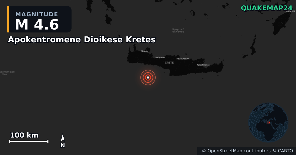 M4.6 earthquake near Apokentromene Dioikese Kretes on Jun 17, 2025 — map of epicenter and shaking intensity | QuakeMap24