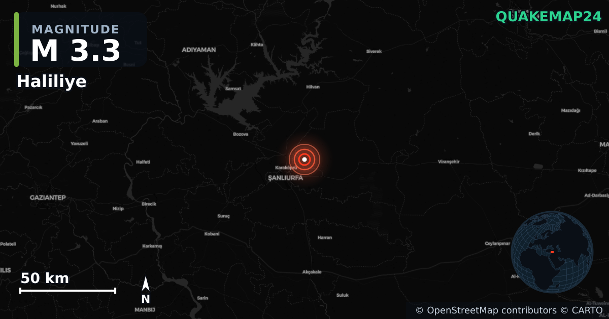 M3.3 earthquake near Haliliye on Oct 10, 2025 — map of epicenter and shaking intensity | QuakeMap24