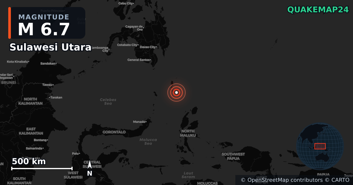 M6.7 earthquake near Sulawesi Utara on Jan 10, 2026 — map of epicenter and shaking intensity | QuakeMap24