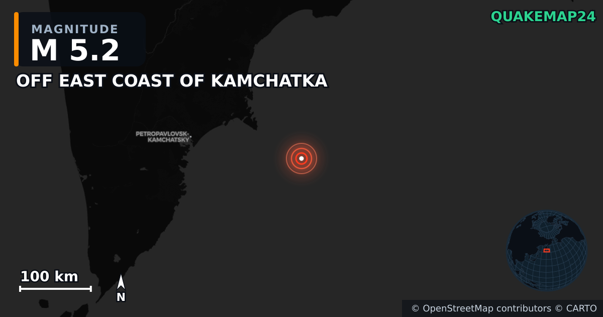 M5.2 earthquake near OFF EAST COAST OF KAMCHATKA on Jan 10, 2026 — map of epicenter and shaking intensity | QuakeMap24