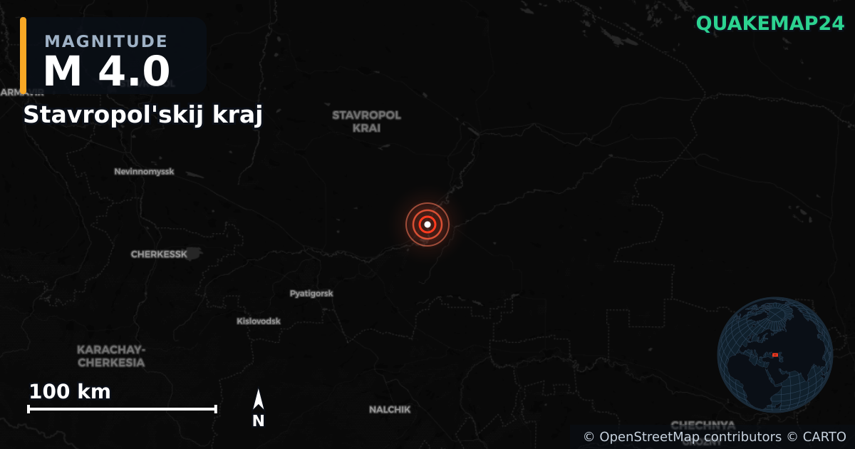 M4.0 earthquake near Stavropol'skij kraj on Dec 15, 2025 — map of epicenter and shaking intensity | QuakeMap24