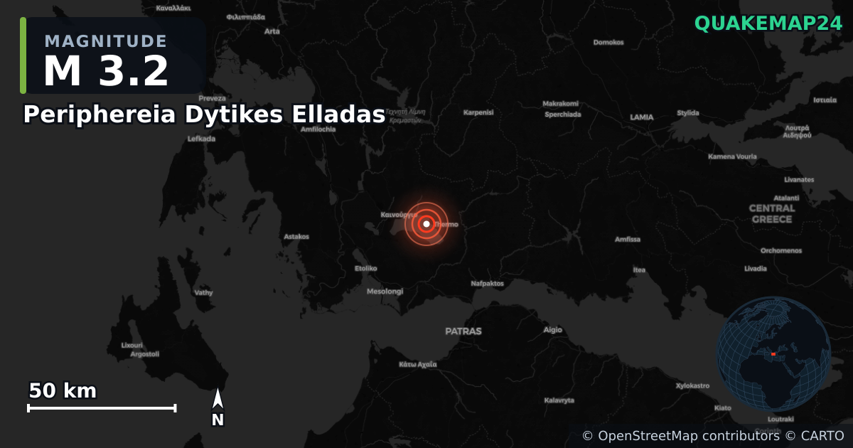 M3.2 earthquake near Periphereia Dytikes Elladas on Dec 16, 2025 — map of epicenter and shaking intensity | QuakeMap24