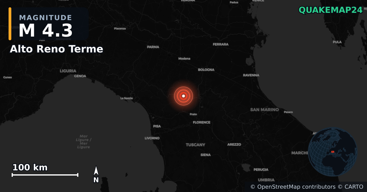 M4.3 earthquake near Alto Reno Terme on Mar 26, 2026 — map of epicenter and shaking intensity | QuakeMap24