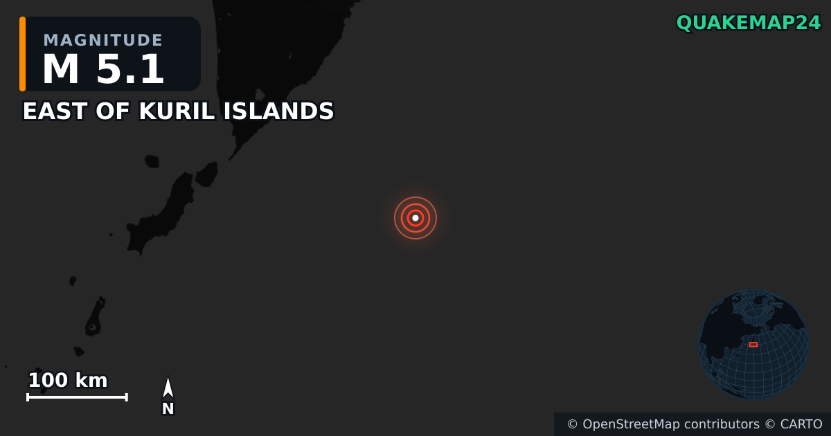 M5.1 earthquake near EAST OF KURIL ISLANDS on Aug 7, 2025 — map of epicenter and shaking intensity | QuakeMap24