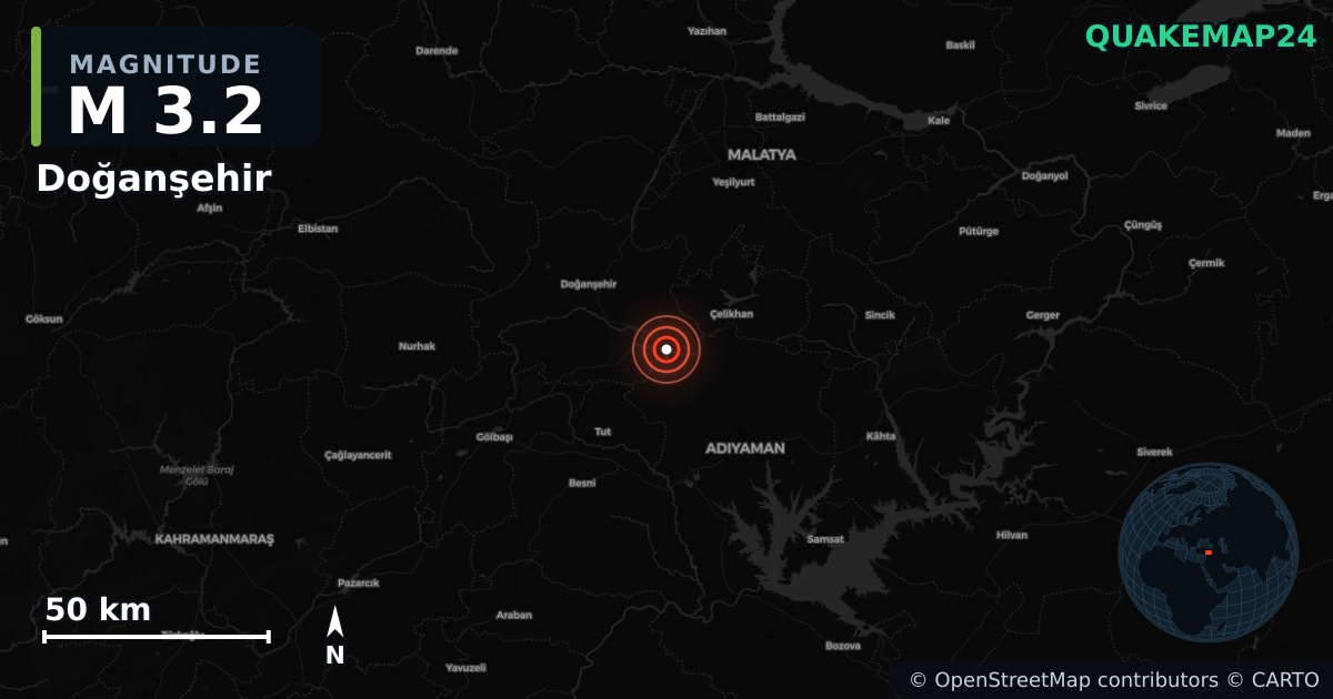 M3.2 earthquake near Doğanşehir on Sep 30, 2025 — map of epicenter and shaking intensity | QuakeMap24