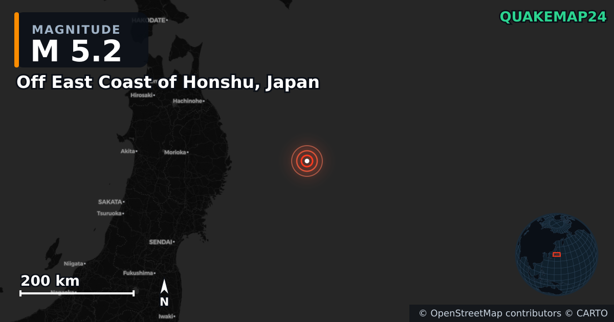 M5.2 earthquake near Off East Coast of Honshu, Japan on Dec 30, 2025 — map of epicenter and shaking intensity | QuakeMap24