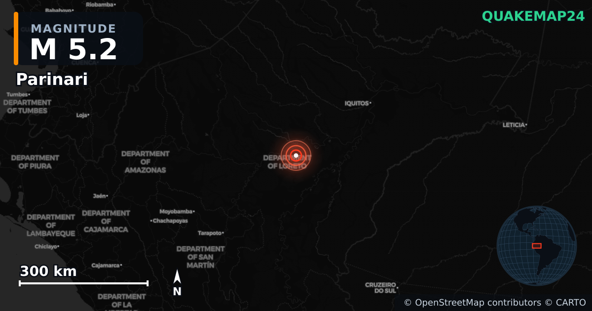 M5.2 earthquake near Parinari on Jul 31, 2025 — map of epicenter and shaking intensity | QuakeMap24