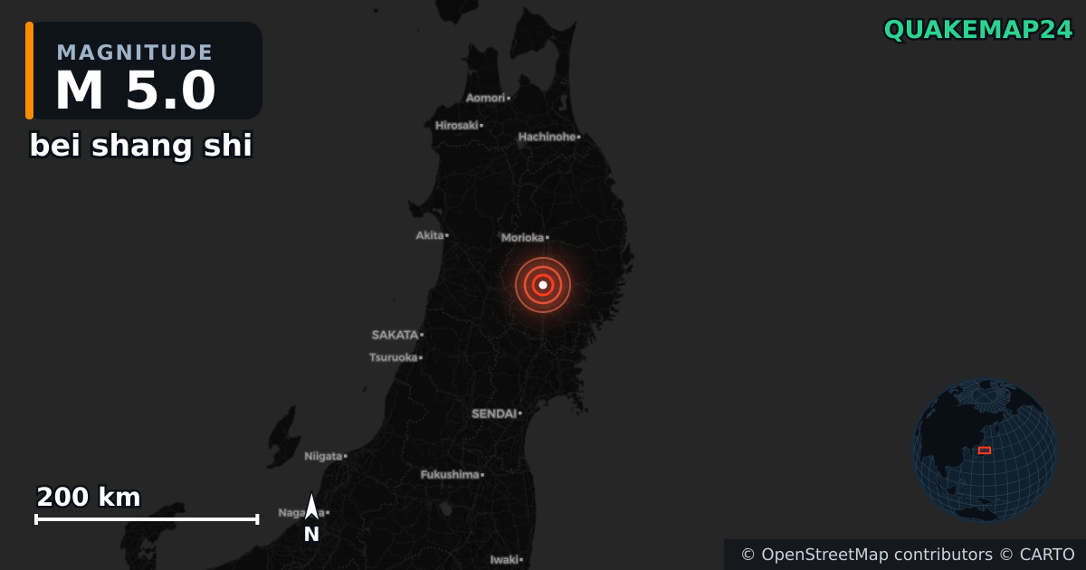 M5.0 earthquake near bei shang shi on Aug 21, 2025 — map of epicenter and shaking intensity | QuakeMap24