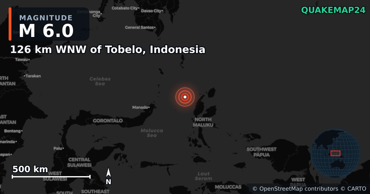 M6.0 earthquake near 126 km WNW of Tobelo, Indonesia on Jul 25, 2025 — map of epicenter and shaking intensity | QuakeMap24