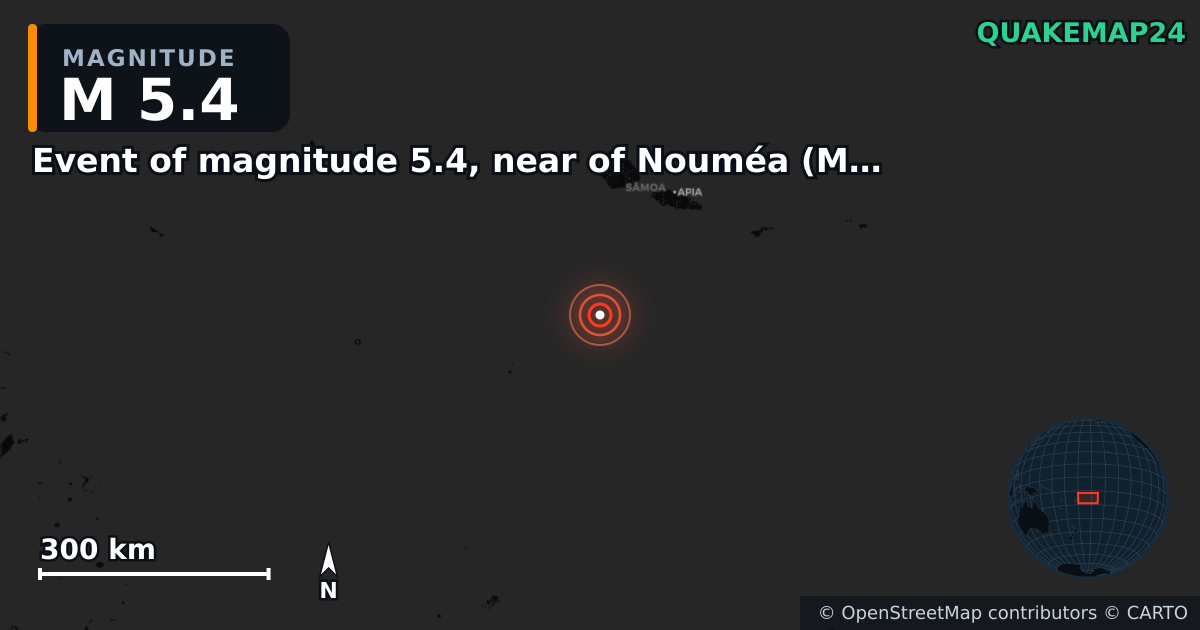 M5.4 earthquake near Event of magnitude 5.4, near of Nouméa (Monde) on Mar 22, 2026 — map of epicenter and shaking intensity | QuakeMap24