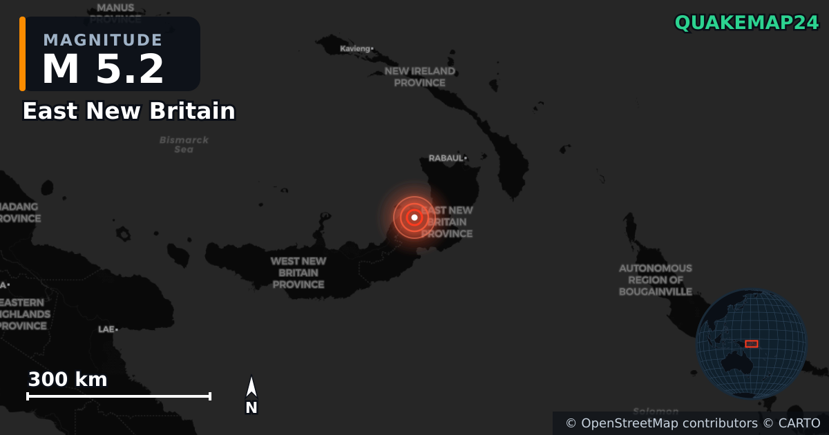 M5.2 earthquake near East New Britain on Dec 21, 2025 — map of epicenter and shaking intensity | QuakeMap24