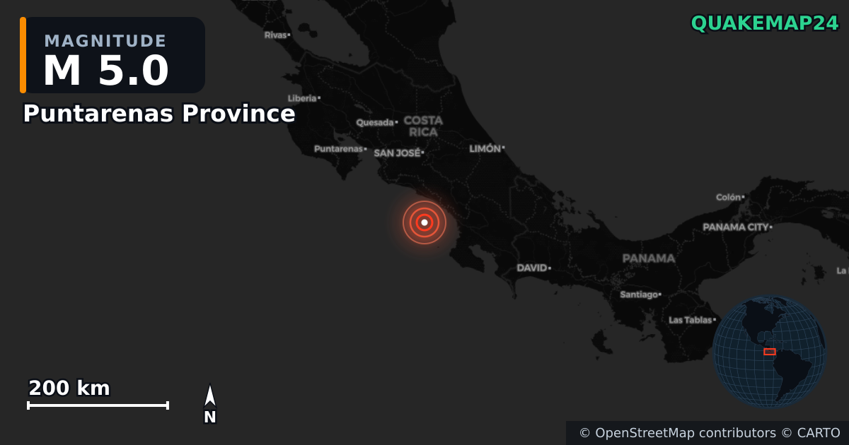 Erdbeben M5,0 bei Puntarenas Province (Costa Rica) · 2026-09-10 — Karte der Lage des Epizentrums