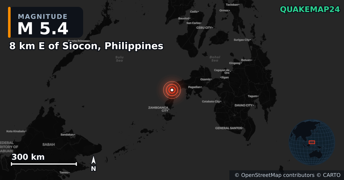8 km E of Siocon, Philippines yakınında M5,4 deprem — Deprem merkez üssünün konumunu gösteren harita