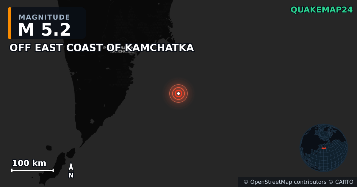 M5.2 earthquake near OFF EAST COAST OF KAMCHATKA on Jul 30, 2025 — map of epicenter and shaking intensity | QuakeMap24
