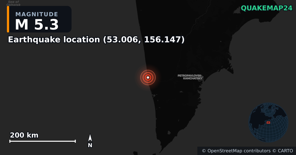 M5.3 earthquake near Deprem konumu (53.006, 156.147) on Sep 19, 2025 — map of epicenter and shaking intensity | QuakeMap24