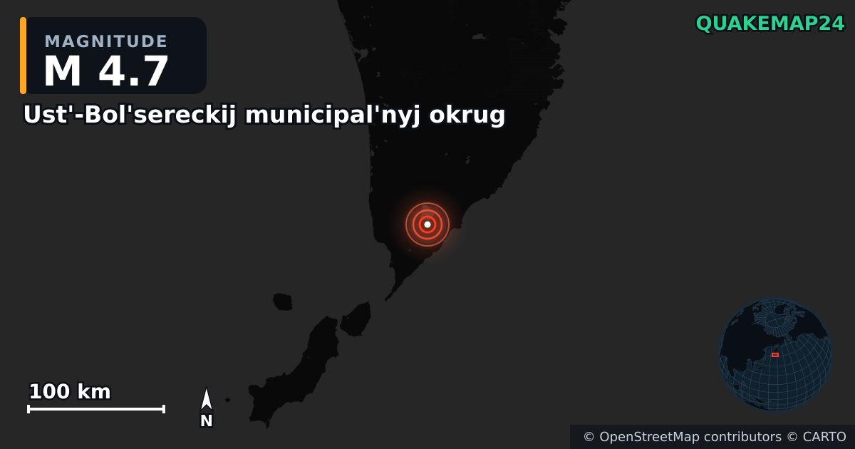 M4.7 earthquake near Ust'-Bol'sereckij municipal'nyj okrug on Jun 16, 2026 — map of epicenter and shaking intensity | QuakeMap24