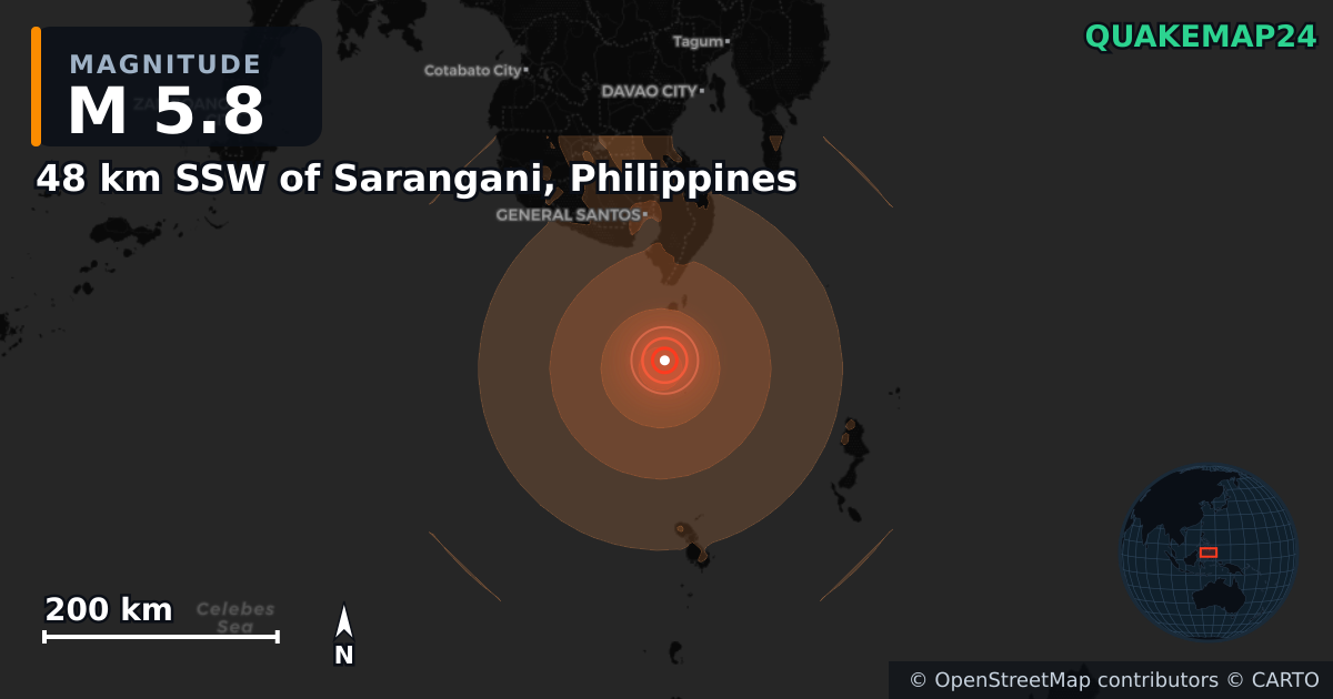Erdbeben M5,8 bei 48 km SSW of Sarangani, Philippines — Karte der Lage des Epizentrums