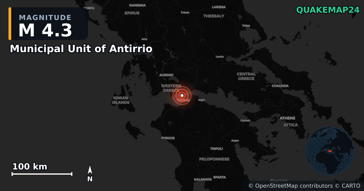 Erdbeben M4,3 bei Municipal Unit of Antirrio, Western Greece (Griechenland) · 2026-09-08 — Karte der Lage des Epizentrums