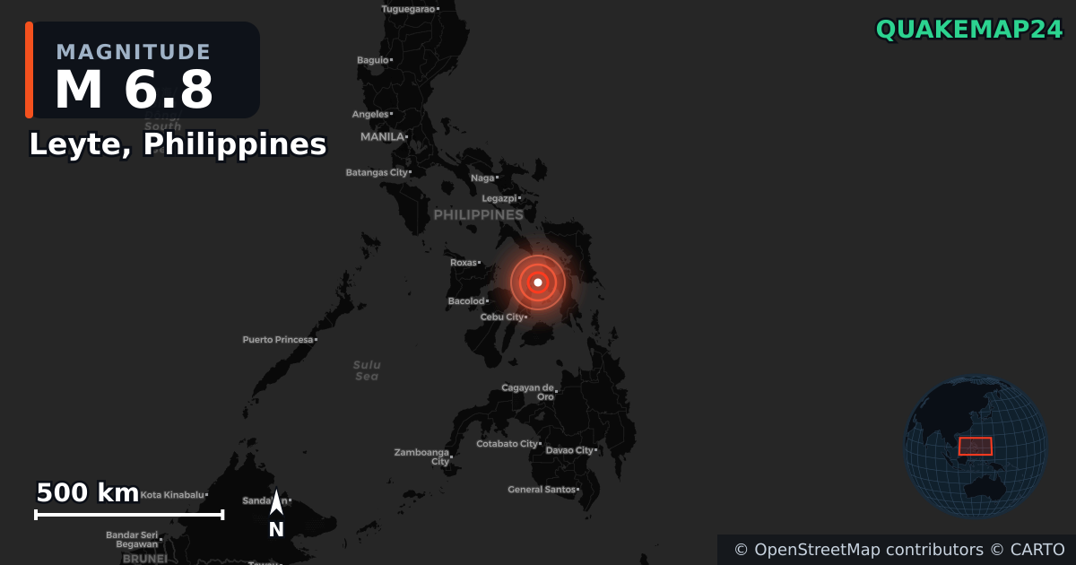 M6.8 earthquake near Leyte, Philippines on Sep 30, 2025 — map of epicenter and shaking intensity | QuakeMap24