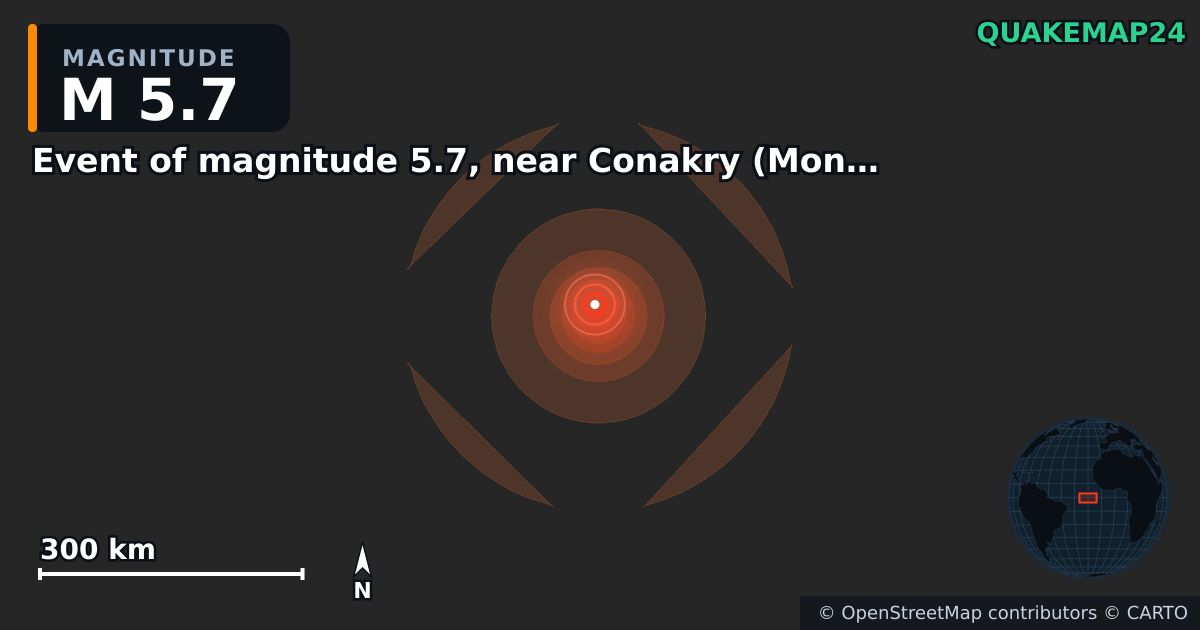 M5.7 Earthquake near Event of magnitude 5.7, near Conakry (Monde) · 2026-06-17 — Map showing the location of the epicenter