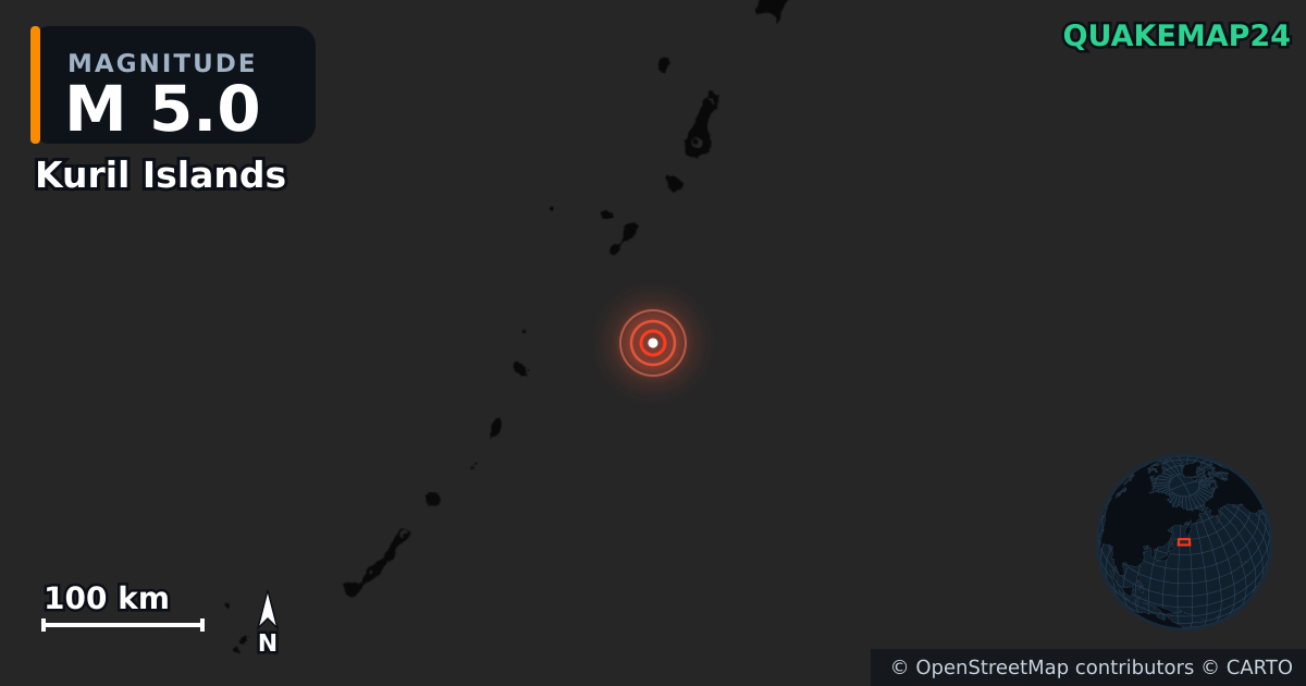 Kuril Islands yakınında M5,0 deprem — Deprem merkez üssünün konumunu gösteren harita