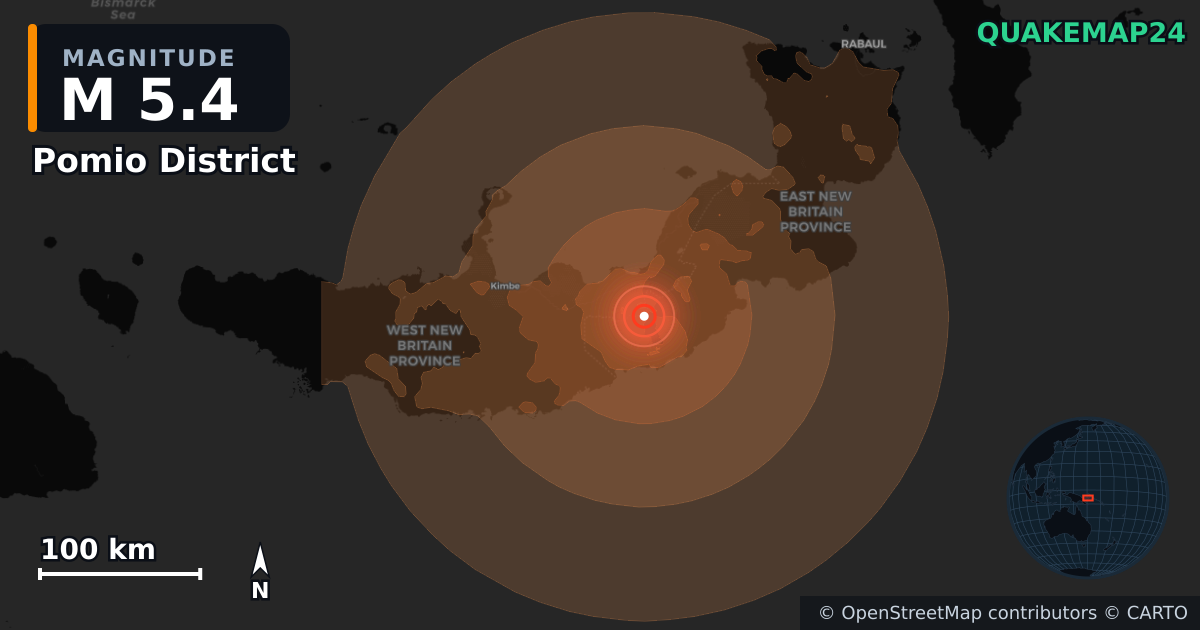 M5.4 earthquake near Pomio District on Jun 30, 2026 — map of epicenter and shaking intensity | QuakeMap24